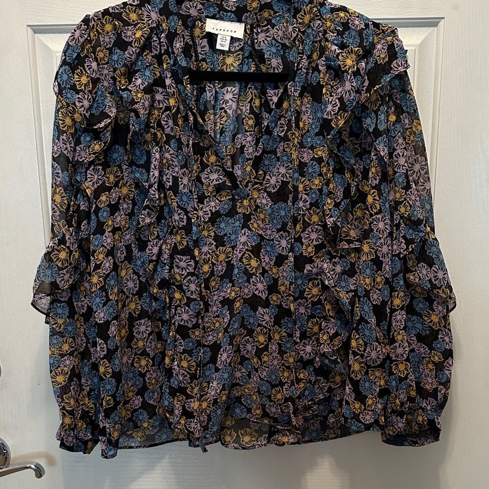 Topshop Floral Blouse Oversized Flowing Soft Ruffles Puff Sleeves Size 4